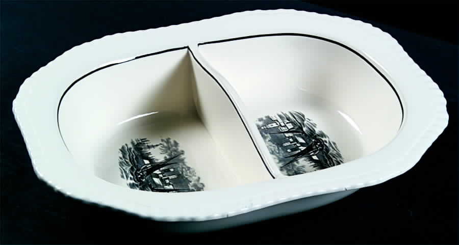 Albion Ships (Black, Verge) 12" Oval Divided Vegetable Bowl by Spode-1