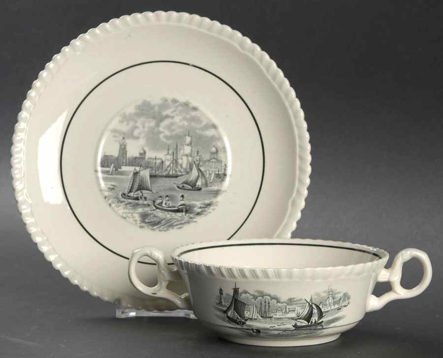 Albion Ships (Black, Verge) Flat Cream Soup Bowl & Saucer Set by Spode-1