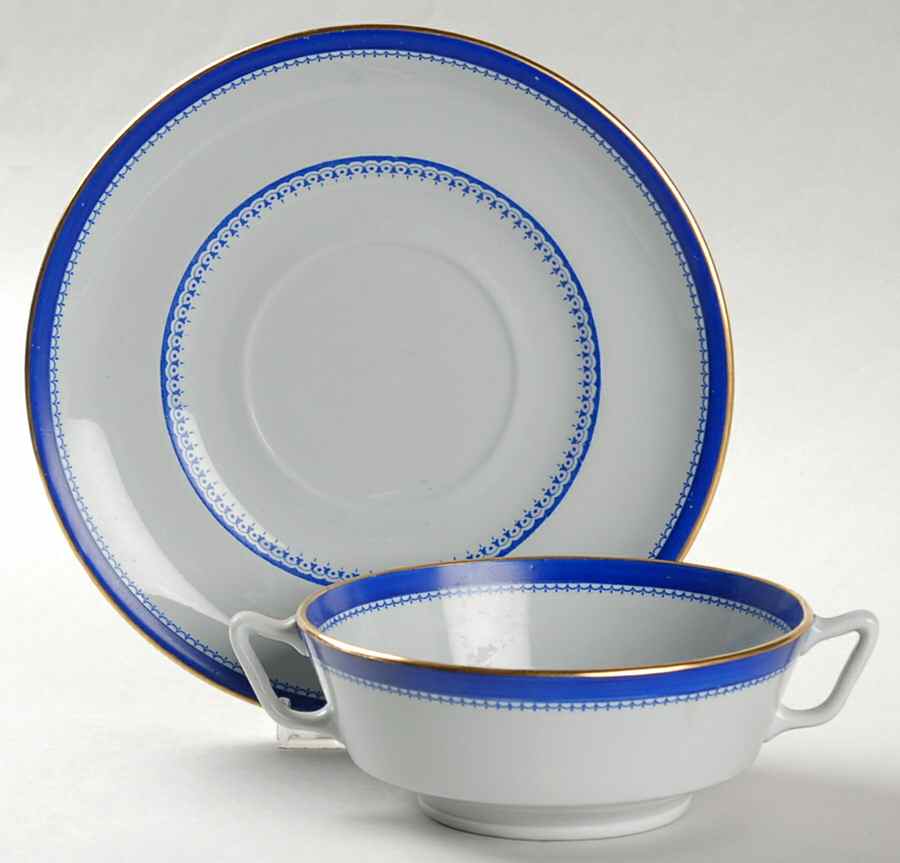 Amherst Blue Footed Cream Soup Bowl & Saucer Set by Spode-1