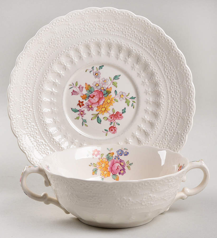 Ann Hathaway (Jewel) Flat Cream Soup Bowl & Saucer Set by Spode-1