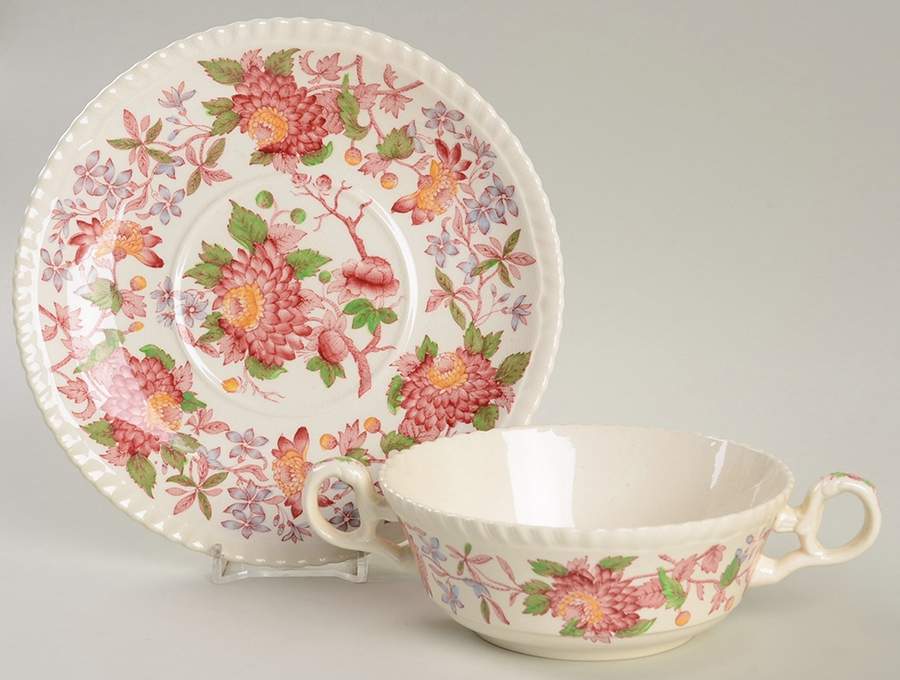 Aster Red (Gadroon) Flat Cream Soup Bowl & Saucer Set by Spode-1