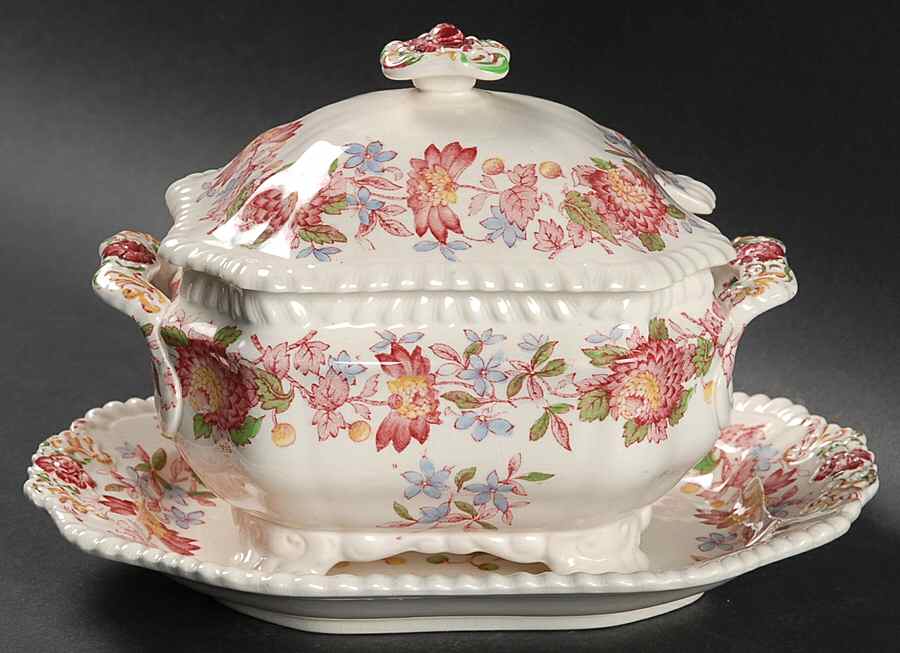 Aster Red (Gadroon) Sauce Boat & Lid with Underplate by Spode-1
