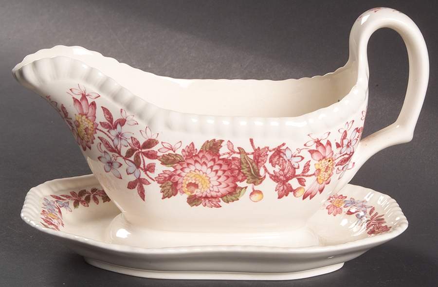 Aster Red (Gadroon) Gravy Boat with Attached Underplate by Spode-1