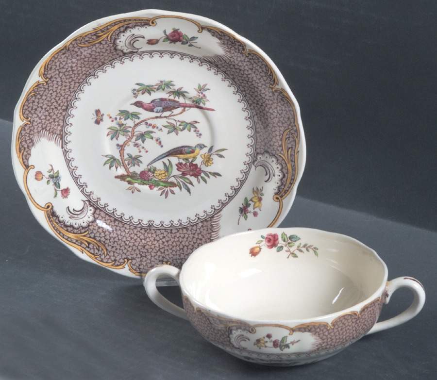 Aviary (Brown Border) Flat Cream Soup Bowl & Saucer Set by Spode-1