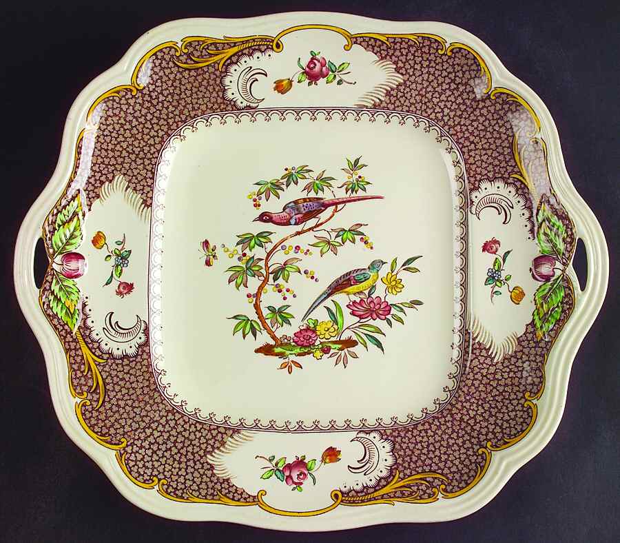 Aviary (Brown Border) Square Handled Cake Plate by Spode-1
