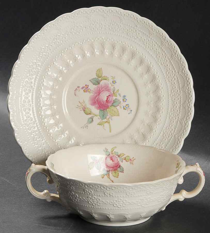 Billingsley Rose Pink (Old Backstamp) Flat Cream Soup Bowl & Saucer Set by Spode-1