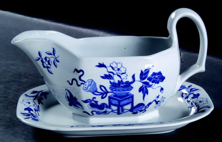Blue Bowpot All Blue (Fine Newstone) Gravy Boat with Attached Underplate by Spode-1
