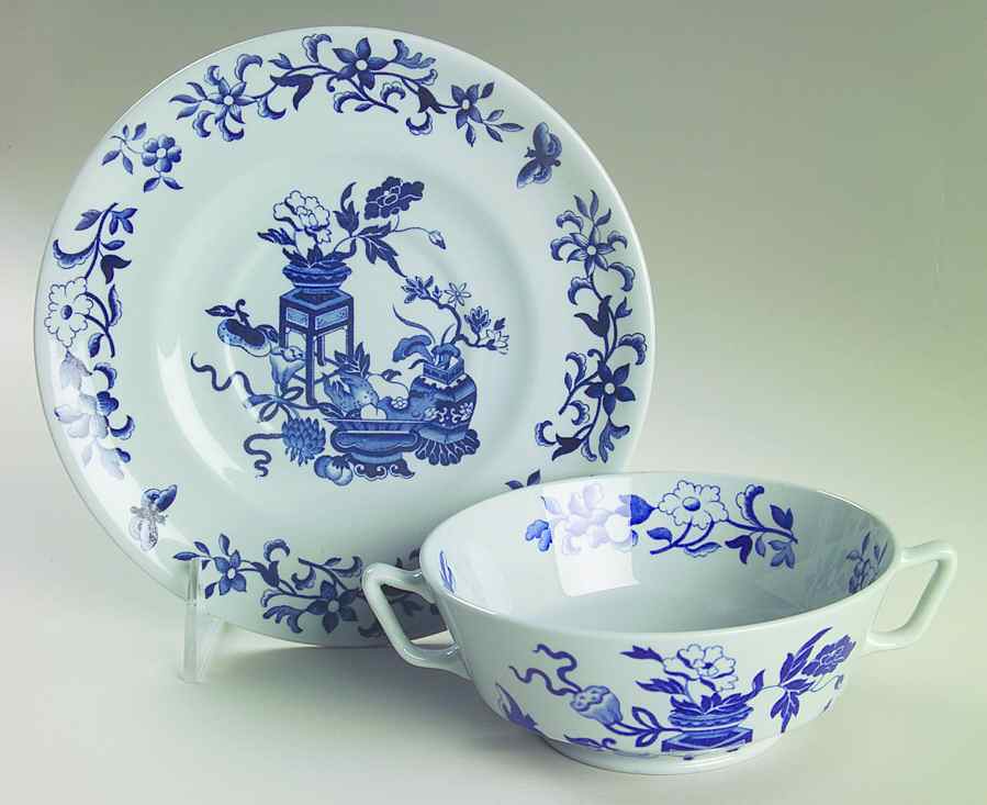 Blue Bowpot All Blue (Fine Newstone) Footed Cream Soup Bowl & Saucer Set by Spode-1