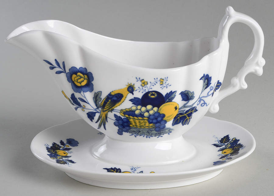 Blue Bird (Fine Stone) Gravy Boat with Attached Underplate by Spode-1