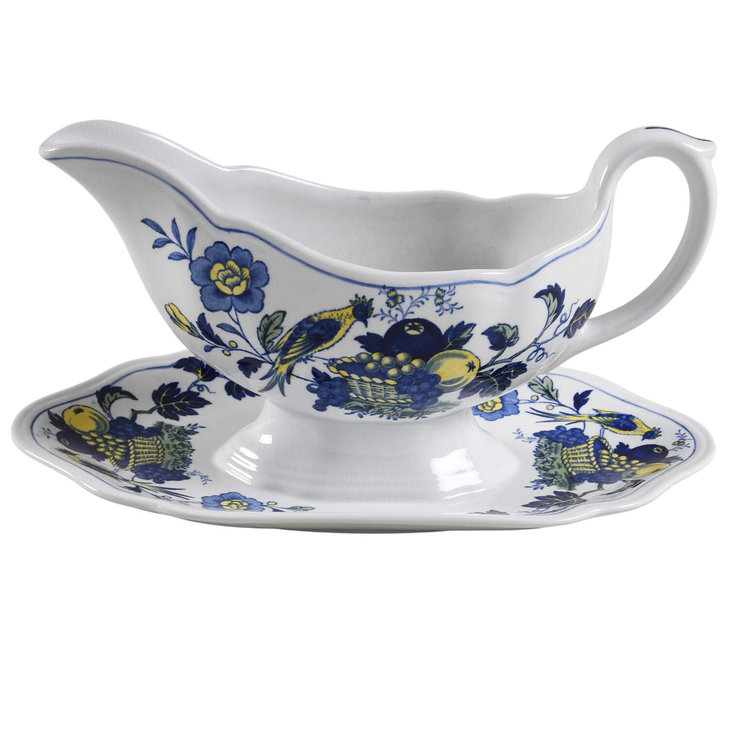 Blue Bird (Fine Stone) Gravy Boat with Attached Underplate by Spode-1