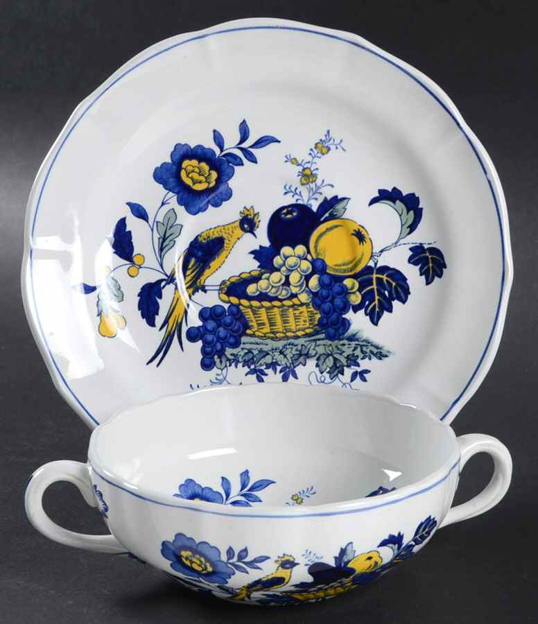 Blue Bird (Fine Stone) Flat Cream Soup Bowl & Saucer Set by Spode-1
