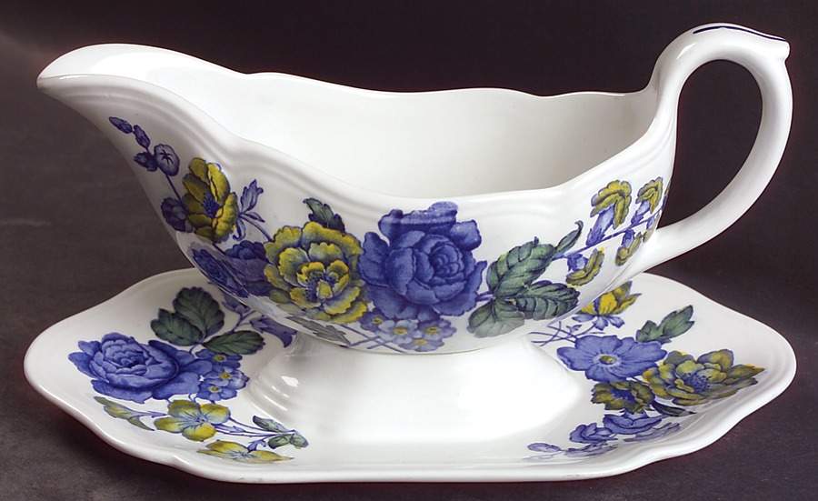 Blue Flowers Gravy Boat with Attached Underplate by Spode-1