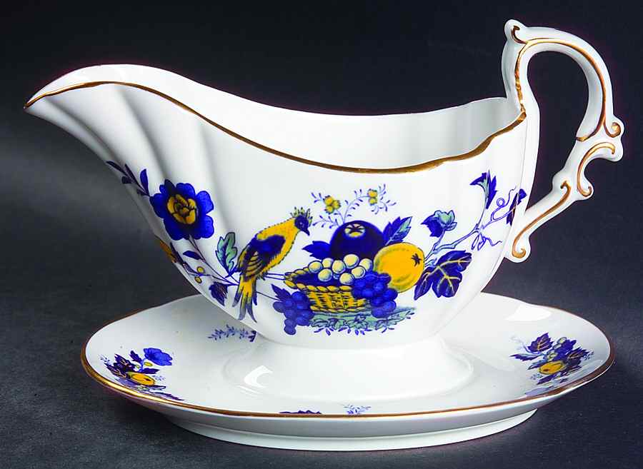 Blue Harvest Blue Bird (Gold Trim) Gravy Boat with Attached Underplate by Spode-1