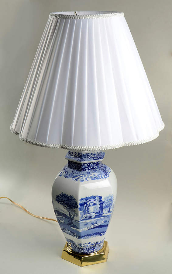 Blue Italian Electric Hexagonal Vase Lamp & Shade by Spode-1
