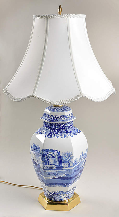Blue Italian Electric Hexagonal Vase Lamp & Shade by Spode-1