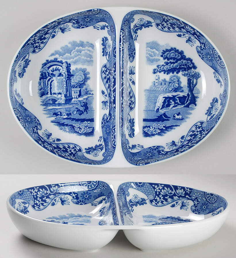 Blue Italian 11" Oval Divided Vegetable Bowl by Spode-1