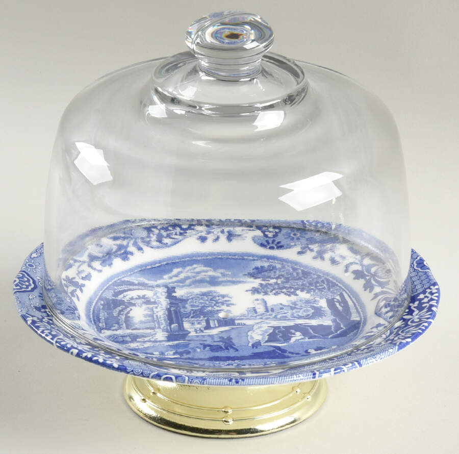 Blue Italian 6 1/2"-7 1/2" Footed Cheese Plate w/ Glass Dome HC by Spode-1