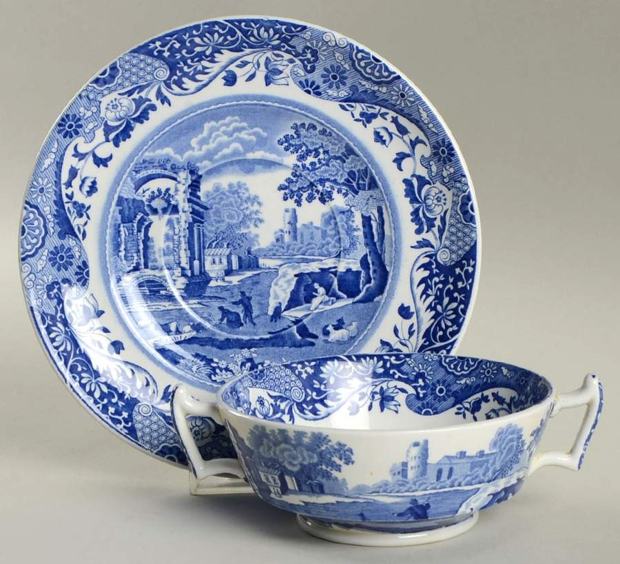 Blue Italian Footed Cream Soup Bowl & Saucer Set by Spode-1