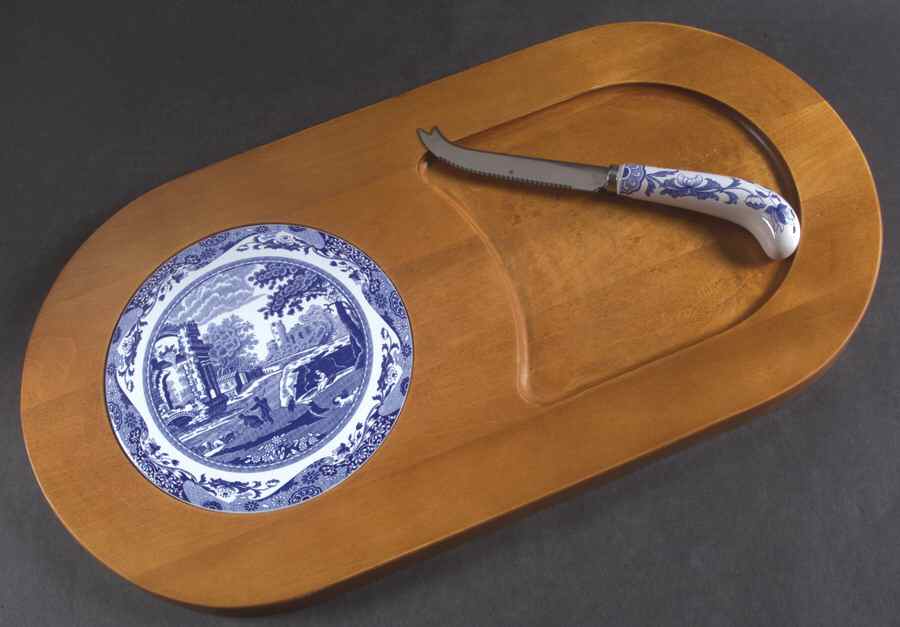 Blue Italian Cheese & Cracker Oval Wood Tray W/Knife by Spode-1