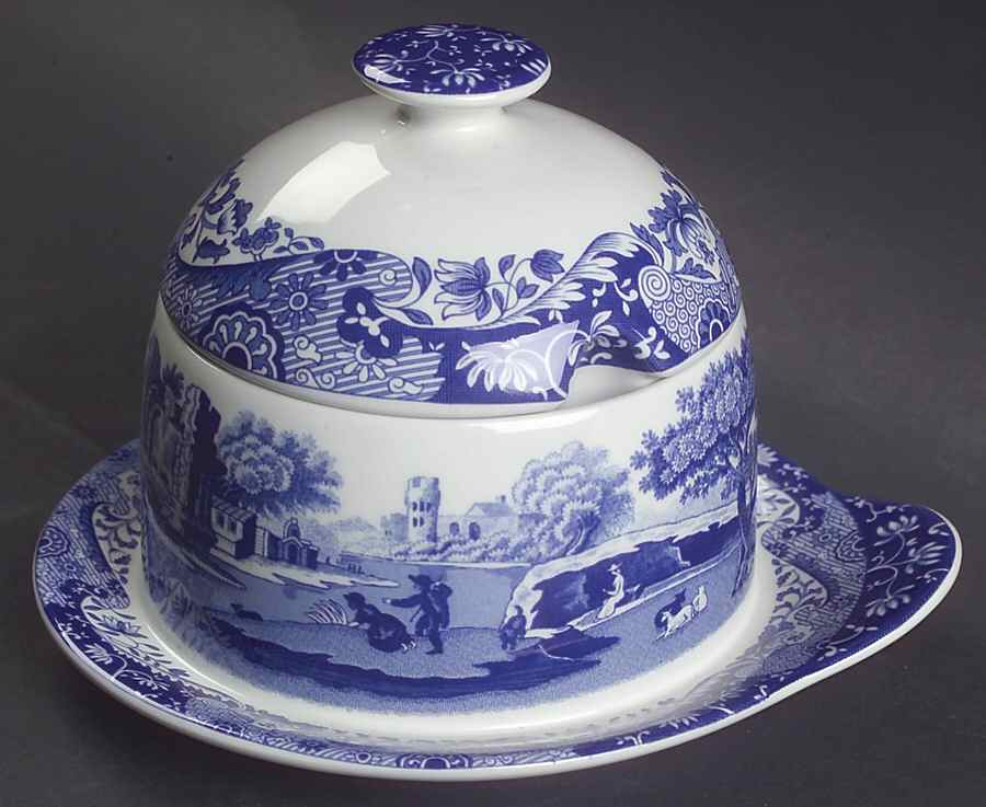 Blue Italian Condiment Pot with Lid & Attached Underplate by Spode-1