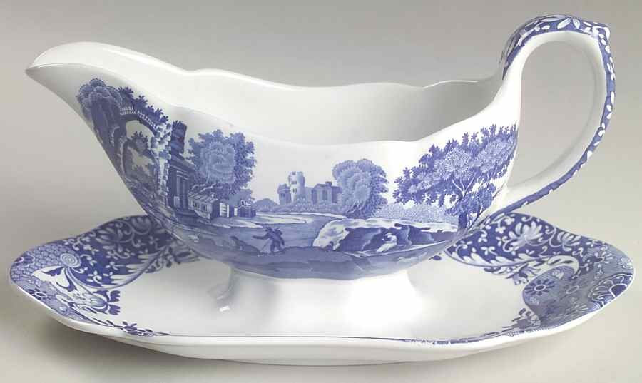 Blue Italian Gravy Boat with Attached Underplate by Spode-1