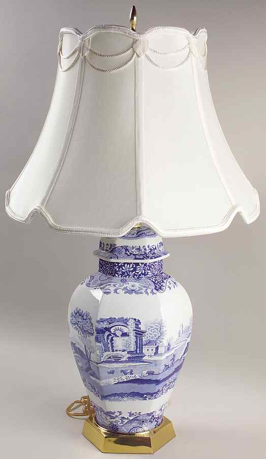 Blue Italian Electric Hexagonal Vase Lamp & Shade by Spode-1