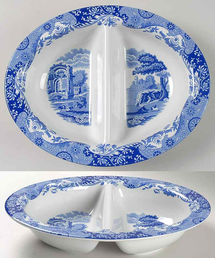 Blue Italian 11" Oval Divided Vegetable Bowl by Spode-1