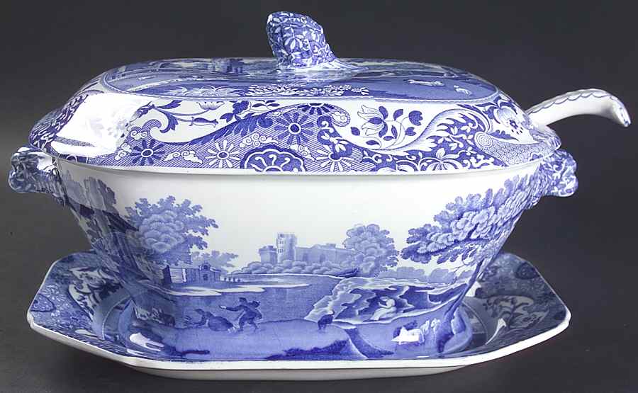Blue Italian (Older) Tureen & Lid w/Ladle & Underplate by Spode-1