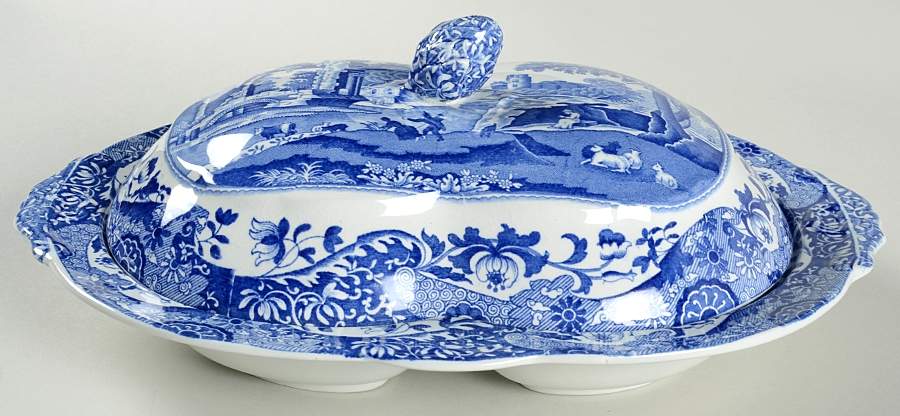 Blue Italian (Older) Oval Covered Divided Vegetable by Spode-1