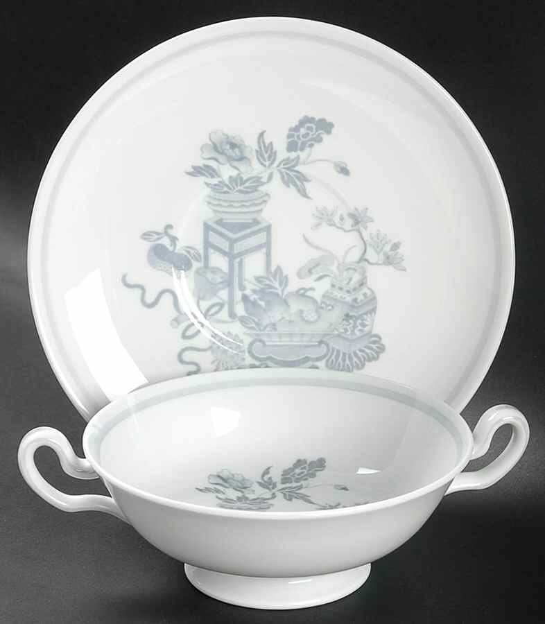 Bowpot Grey Footed Cream Soup Bowl & Saucer Set by Spode-1
