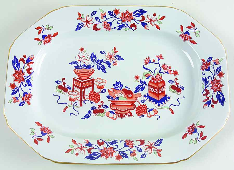 Bowpot Multicolor (Rust, Green, Blue) 14" Oval Serving Platter by Spode-1