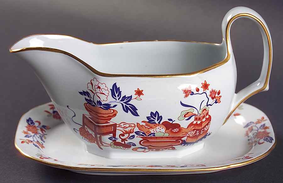 Bowpot Multicolor (Rust, Green, Blue) Gravy Boat with Attached Underplate by Spode-1