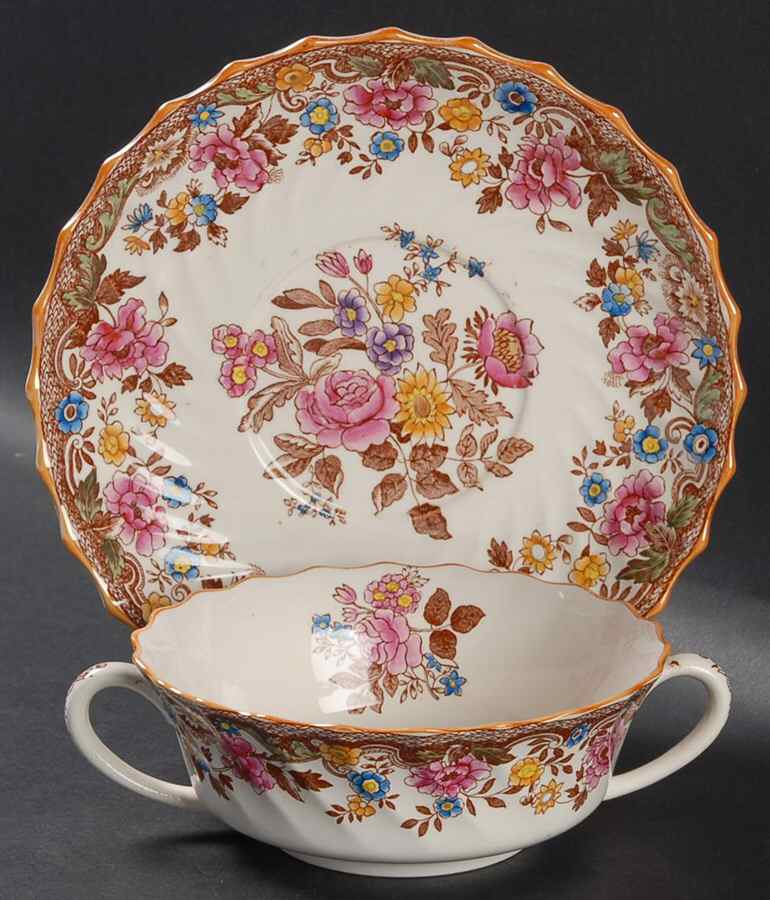 British Flowers Flat Cream Soup Bowl & Saucer Set by Spode-1