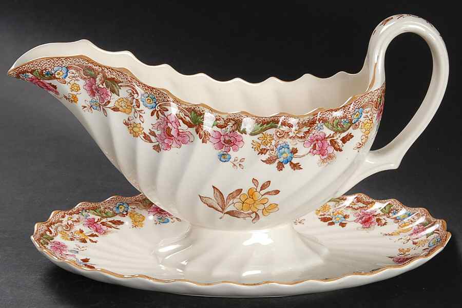 British Flowers Gravy Boat with Attached Underplate by Spode-1