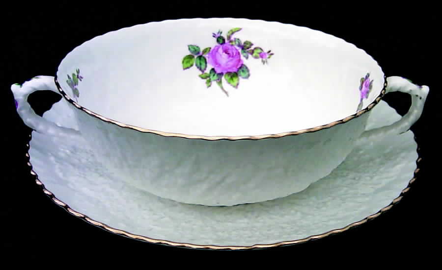 Bridal Rose (Gold Trim) Flat Cream Soup Bowl & Saucer Set by Spode-1