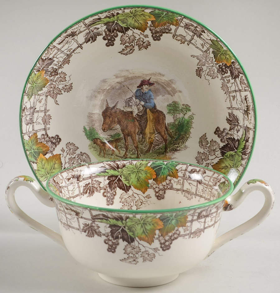 Byron Multicolor (Green Trim) Footed Cream Soup Bowl & Saucer Set by Spode-1