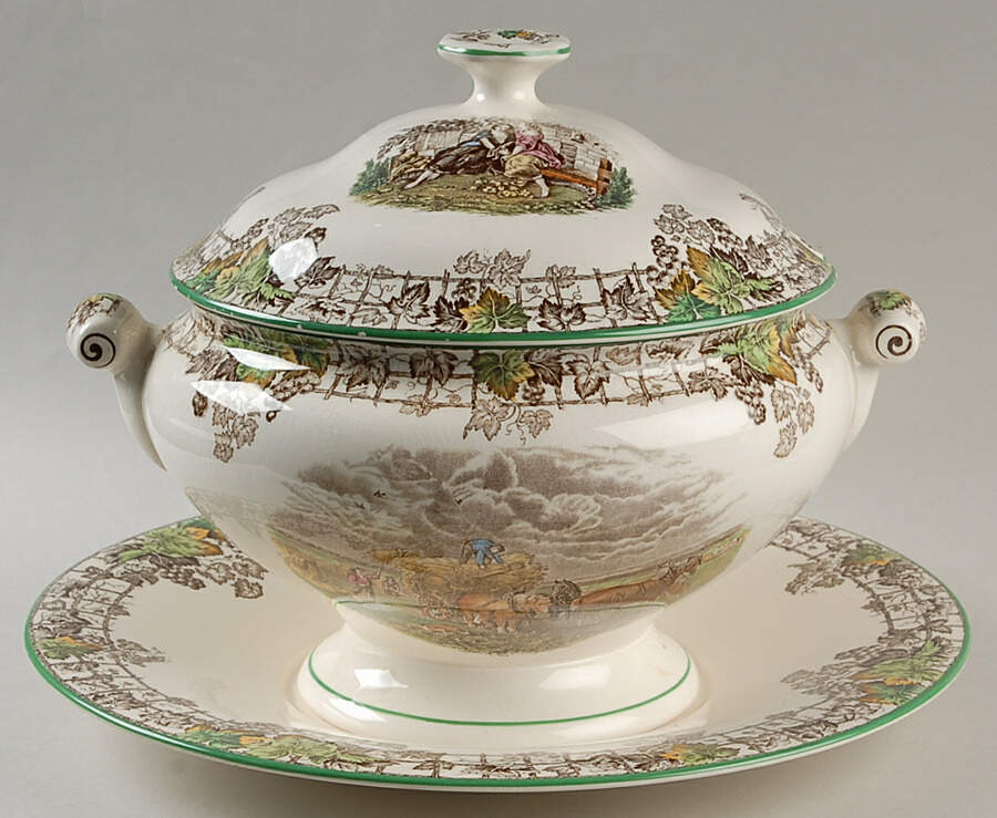 Byron Multicolor (Green Trim) Tureen & Lid w/Underplate by Spode-1
