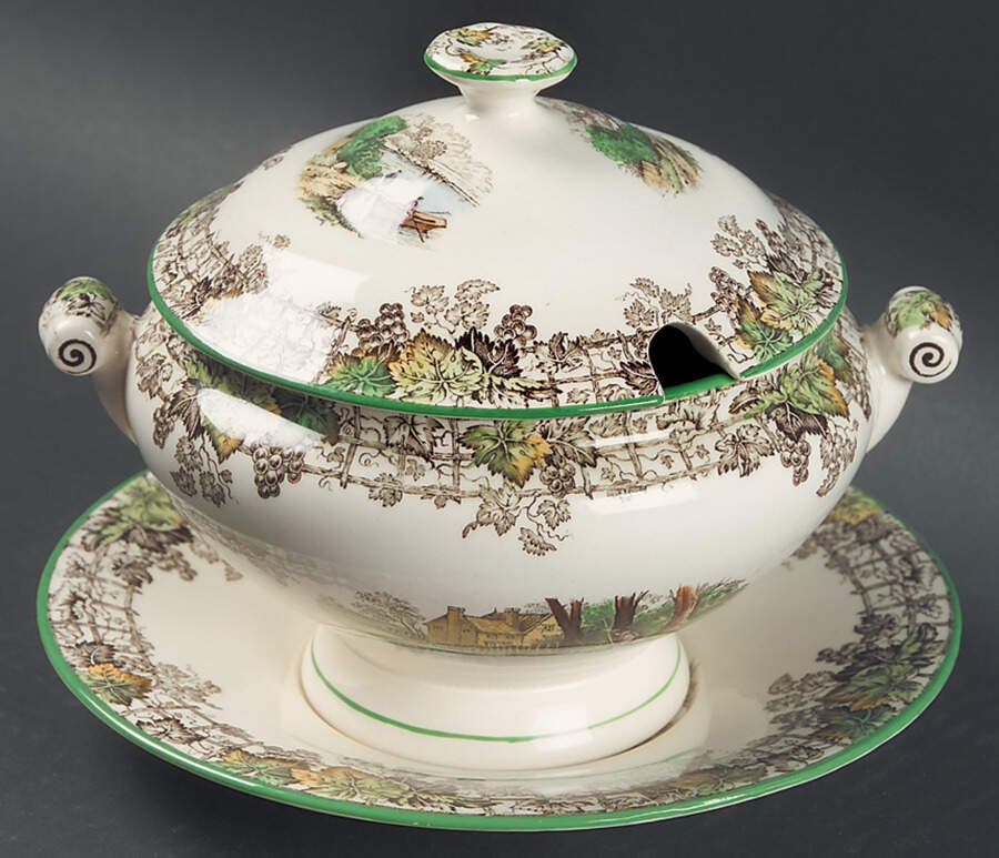 Byron Multicolor (Green Trim) Sauce Boat & Lid with Underplate by Spode-1