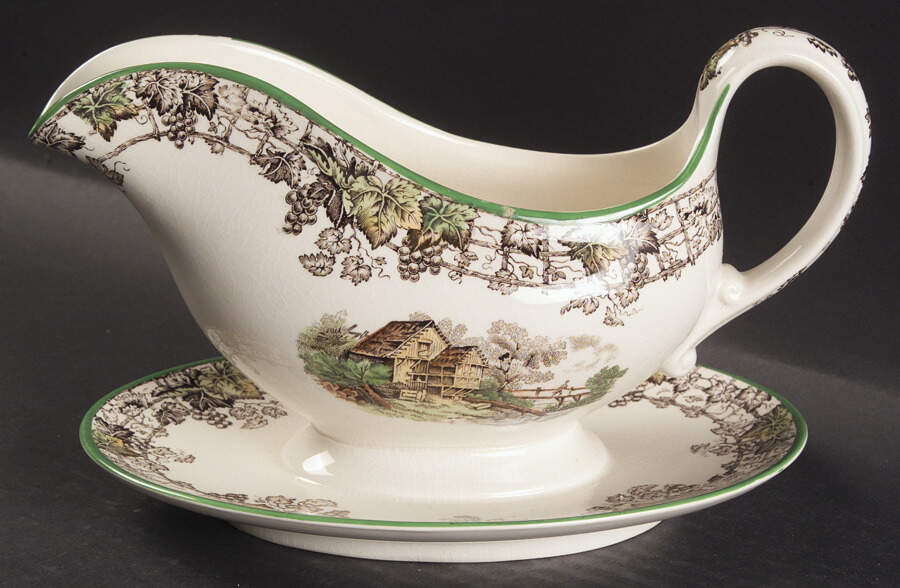 Byron Multicolor (Green Trim) Gravy Boat with Attached Underplate by Spode-1