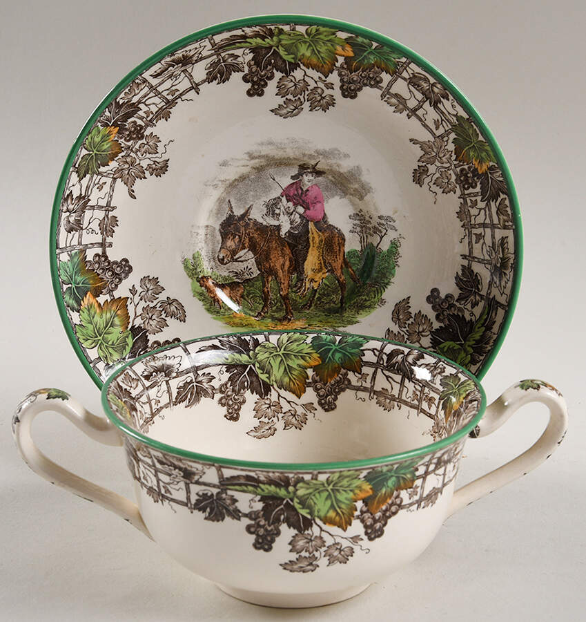 Byron Multicolor (Green Trim) Footed Cream Soup Bowl & Saucer Set by Spode-1