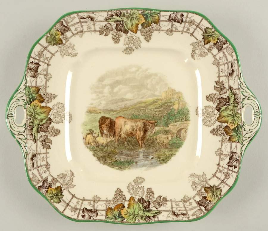 Byron Multicolor (Green Trim) Handled Cake Plate by Spode-1