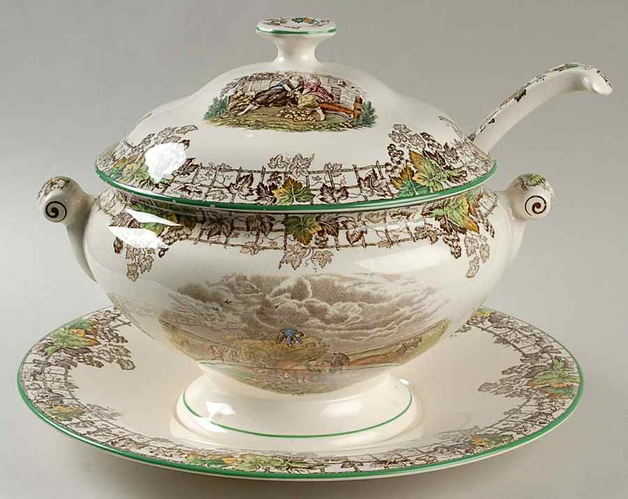 Byron Multicolor (Green Trim) Tureen & Lid w/Ladle & Underplate by Spode-1