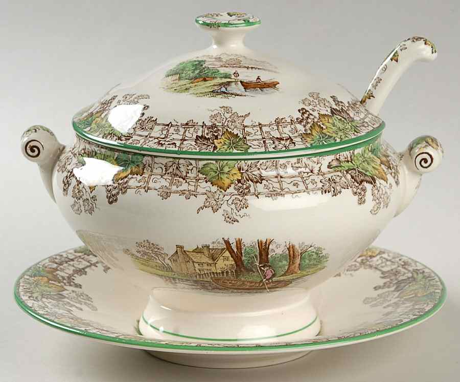 Byron Multicolor (Green Trim) Sauce Boat & Lid & Underplate & Ladle by Spode-1