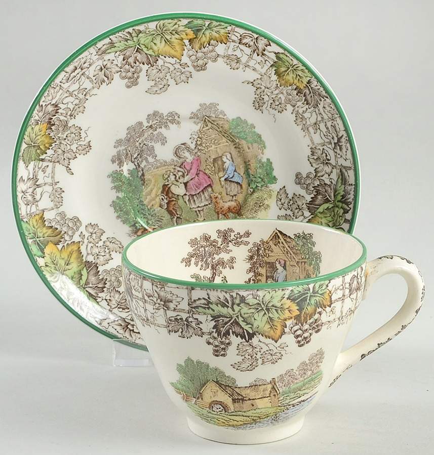 Byron Multicolor (Green Trim) London Shape Footed Cup & Saucer Set by Spode-1