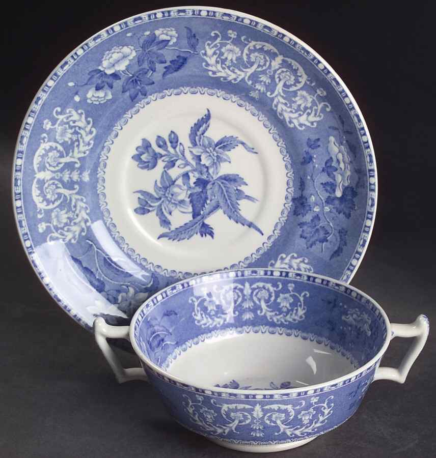 Camilla Blue (Earthenware, Scalloped) Footed Cream Soup Bowl & Saucer Set by Spode-1