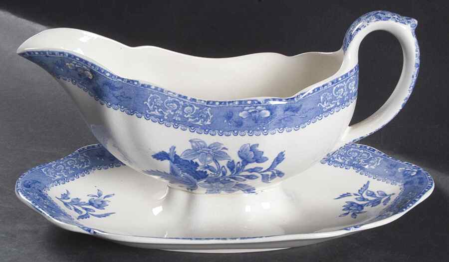 Camilla Blue (Earthenware, Scalloped) Gravy Boat with Attached Underplate by Spode-1