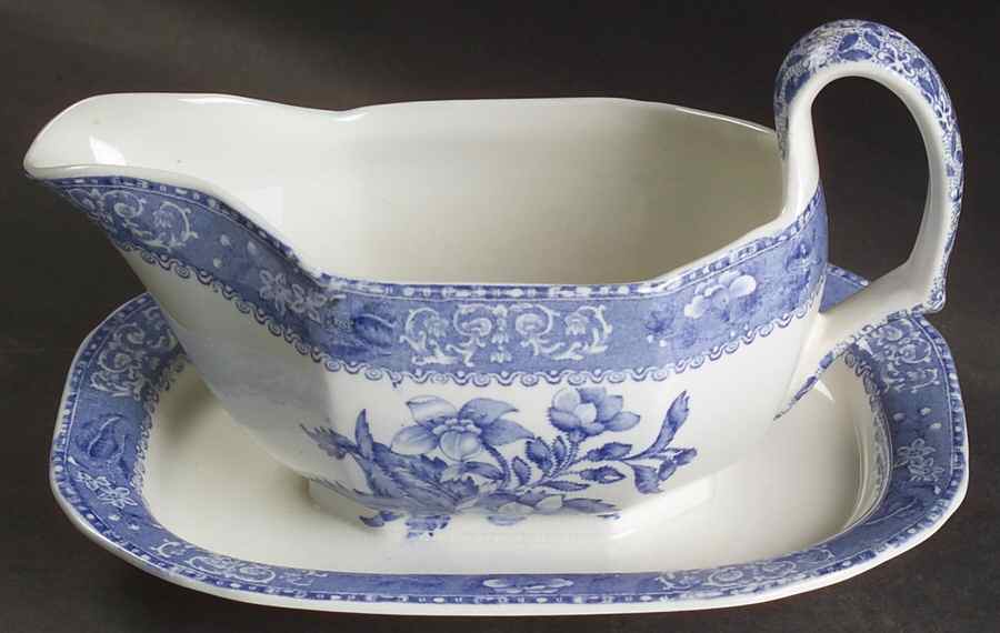 Camilla Blue (Earthenware, Scalloped) Gravy Boat with Attached Underplate by Spode-1