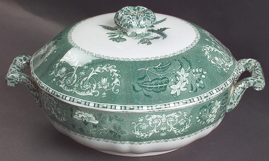 Green Camilla (Scallop, New Black Stamp) Round Covered Vegetable by Spode-1