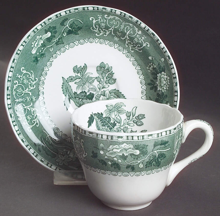 Green Camilla (Scallop, New Black Stamp) Flat Cup & Saucer Set by Spode-1