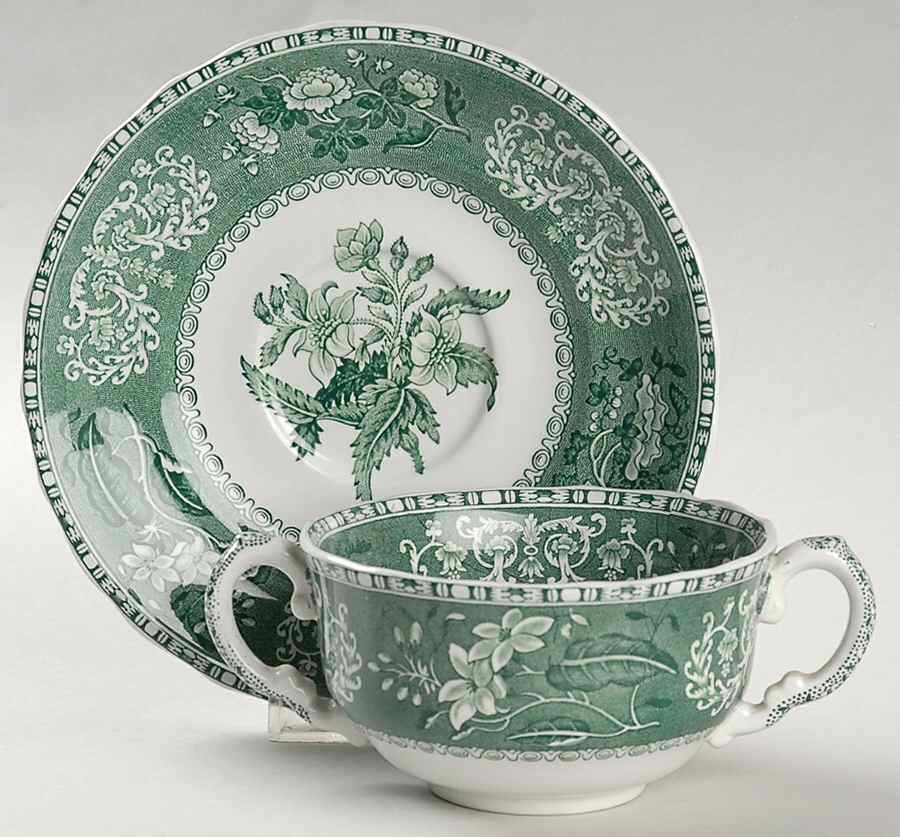 Green Camilla (Scallop, New Black Stamp) Flat Cream Soup Bowl & Saucer Set by Spode-1